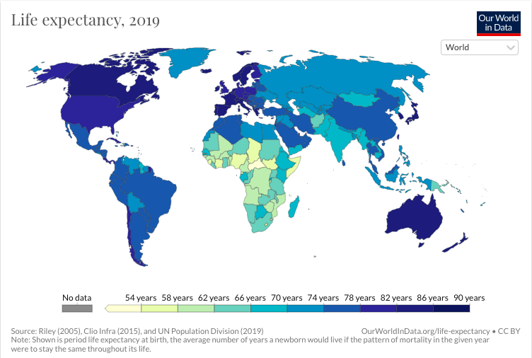 Map of life expectancy in 2019