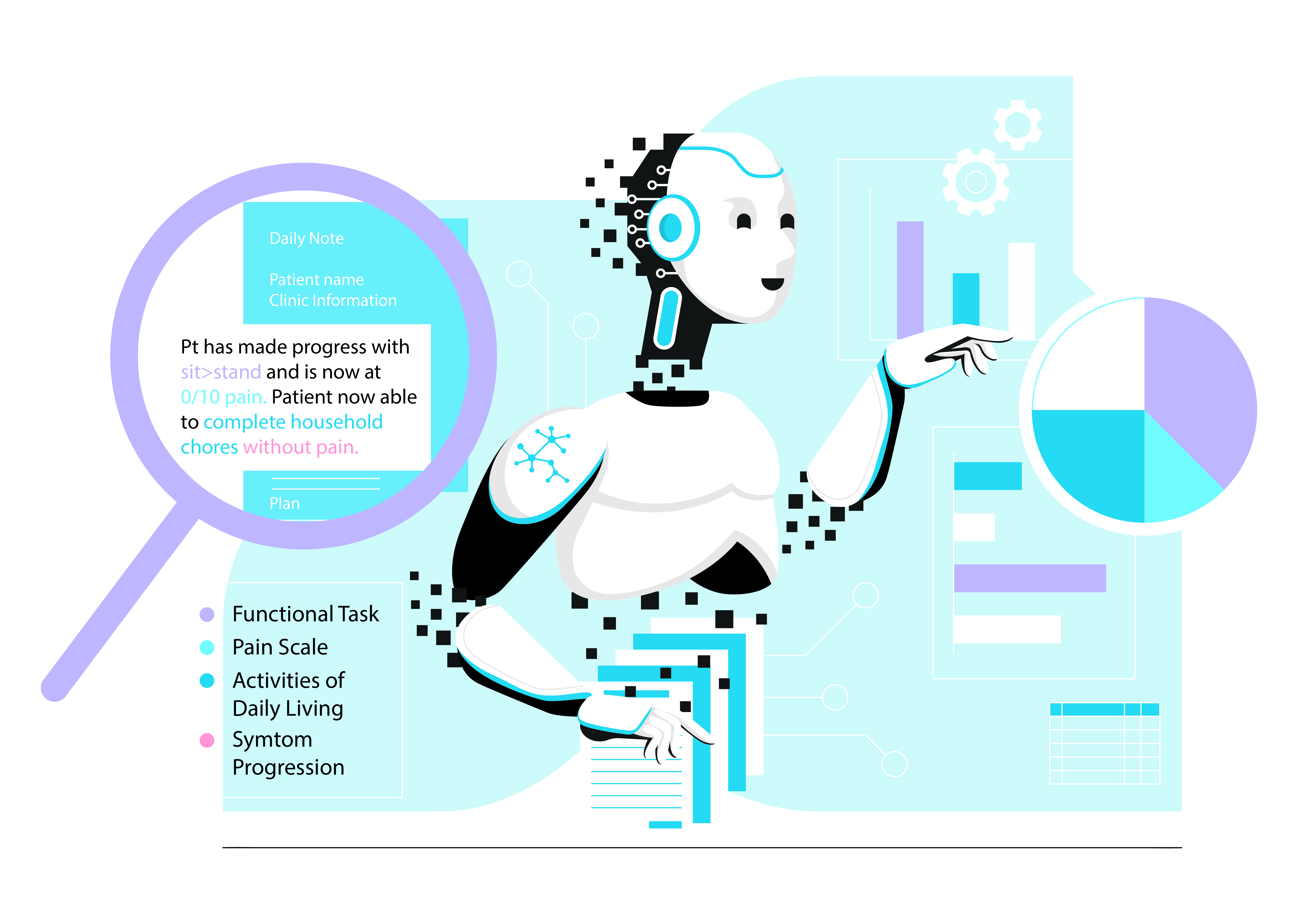 Artificial Intelligence robot scanning a note word by word to generate insights.