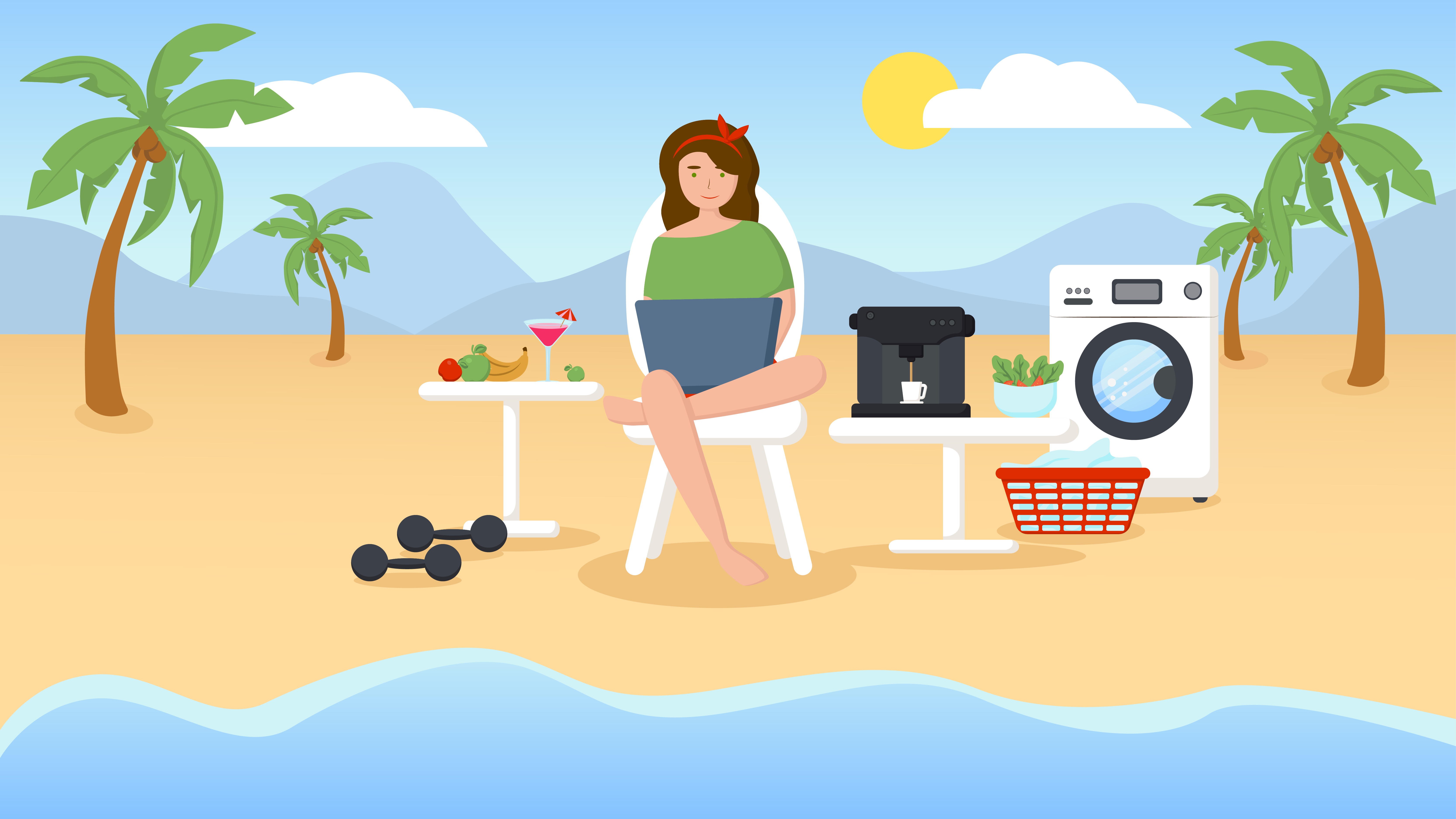 Woman working remotely on a beach